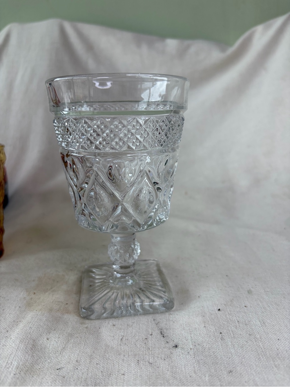 Clear Pressed Glass Goblet - Decorative Diamond Pattern